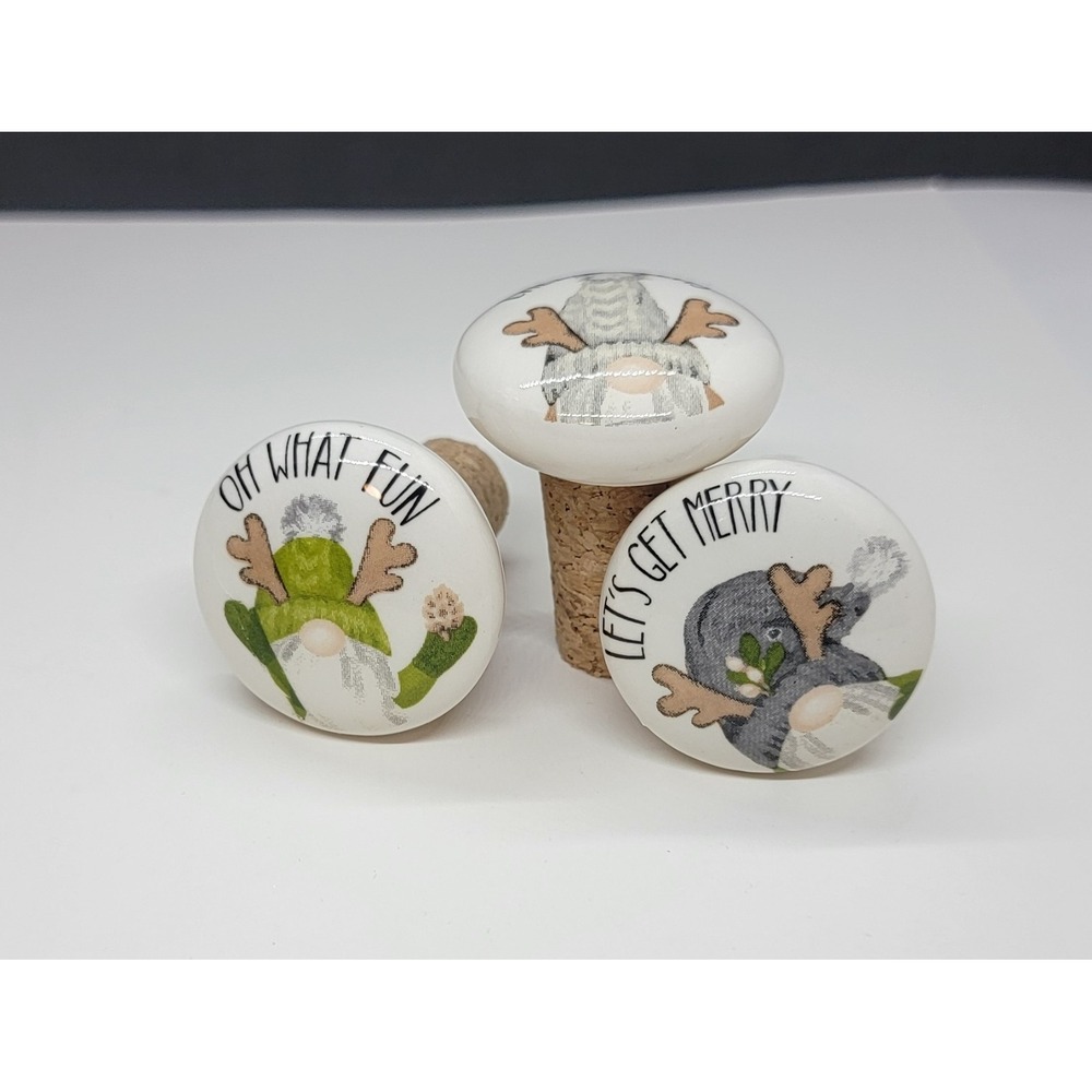 Set Of 3 Fun Ceramic Gnome Wine Bottle Cork Stoppers